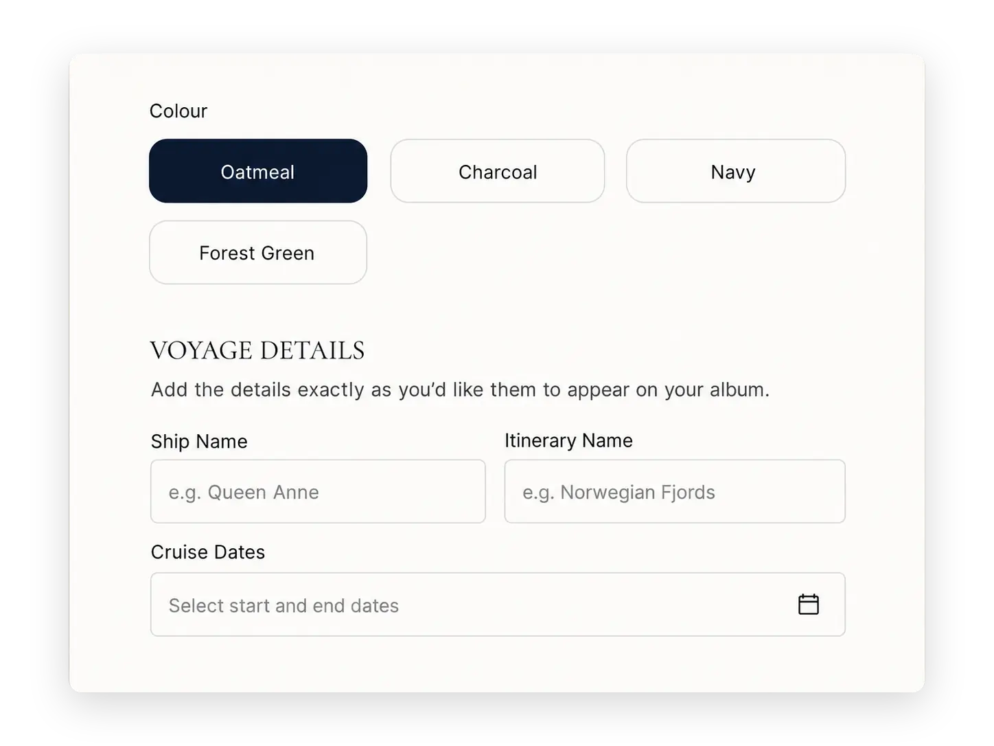 Portside album voyage details configurator